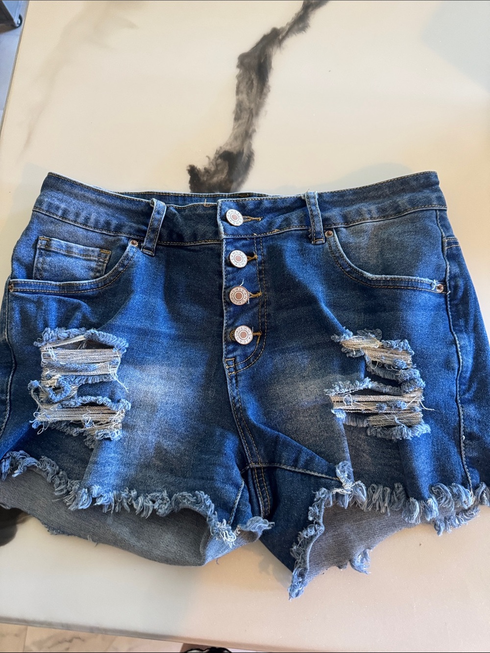 Distressed High-Rise Denim Shorts - Blue